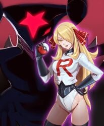 1girls aura corruption cynthia_(pokemon) dark_persona enemy_conversion female garchomp human leebigtree leotard mega_garchomp pale_skin pokeball pokemon pokemon_(species) smile team_rocket team_rocket_(cosplay)