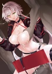 3boys ahoge bangs bikini black_bikini black_gloves black_jacket breast_grab breasts bukkake censored choker collarbone cowgirl_position cropped_jacket cum cum_on_body double_handjob facial fate/grand_order fate_(series) female gloves grabbing grey_hair handjob jacket jeanne_alter jeanne_alter_(swimsuit_berserker) large_breasts long_hair long_sleeves looking_at_viewer midori_aoi mosaic_censoring multiple_boys navel nipples o-ring o-ring_bikini one_breast_out sex shrug_(clothing) smile solo_focus straddling straight swimsuit testicles thigh_strap thighs tongue tongue_out vaginal_penetration very_long_hair yellow_eyes