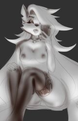 2022 anthro breasts canid canid_demon cellphone clothed clothing demon female fur hair half-closed_eyes hellhound helluva_boss holding_cellphone holding_object holding_phone legwear long_hair loona_(helluva_boss) mammal medium_breasts narrowed_eyes nipples phone sketch solo stockings vixvixart