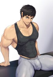 abs bara big_muscles black_hair black_tank_top blue_eyes bulge bulge_through_clothing bulging_nipples cachic dark_hair free! hi_res male male_focus male_only muscles muscular_arms muscular_male penis_outline pov seductive seductive_pose sitting solo_male sosuke_yamazaki sweat sweatpants tan_skin tank_top tight_clothes tight_clothing tight_pants yamazaki_sosuke yoga_pants