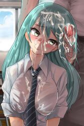 1boy absurdres akizuki_shigure alternate_costume aqua_hair bangs between_breasts black_necktie blush breast_squeeze breasts brown_pants closed_mouth collared_shirt covered_nipples cum cum_on_clothes cum_on_hair day eyelashes facial female green_eyes hairjob highres indoors kantai_collection large_breasts long_hair necktie necktie_between_breasts nose_blush pants penis shiny shiny_hair shirt short_sleeves smile solo_focus standing straight straight_hair suzuya_(kantai_collection) uncensored upper_body white_shirt window wing_collar