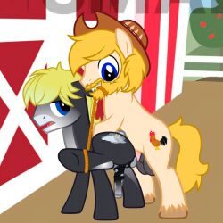 anal animated beard blonde_hair chase_(mlp) clothed clothing duo facial_hair feral friendship_is_magic hair hat hat_only headgear headgear_only headwear headwear_only male male/male mostly_nude my_little_pony partially_clothed rope size_difference smaller_male