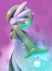 3_fingers anthro eyelashes female gardevoir green_hair hissmiss looking_back magic pokemon pokemon_(species) pokemon_rse red_eyes small_breasts solo