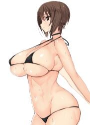 bikini black_bikini blush breasts brown_eyes brown_hair choker female girls_und_panzer huge_breasts navel nishizumi_maho poin short_hair simple_background solo swimsuit white_background