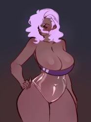 big_breasts cookie_run dark-skinned_female dark_skinned_female gris_swimsuit hair_covering_eye hand_on_hip ilewdha plain_yogurt_cookie rule_63 thick_thighs