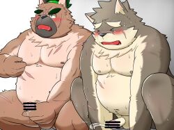 anthro belly blush bodily_fluids canid canine canis censored cum domestic_dog duo erection eyebrows genital_fluids genitals hi_res humanoid_genitalia humanoid_penis inunodaidokoro lifewonders male male/male mammal masturbation moritaka musclegut navel orgasm penis scar side_by_side thick_eyebrows tokyo_afterschool_summoners topknot video_games yasuyori