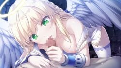 1boy angel angel_wings bangs blonde_hair blue_ribbon braid breasts censored clothes_pull collarbone dress dress_pull eyebrows_visible_through_hair feathered_wings female game_cg green_eyes hair_between_eyes hair_ribbon halo head_tilt highres indoors juliana_(tenmei_no_conquista) long_hair medium_breasts mosaic_censoring nipples open_mouth penis ribbon sleeveless sleeveless_dress solo_focus straight tenmei_no_conquista thighhighs white_dress white_legwear white_wings wings