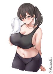 alternate_costume black_sports_bra blush breasts brown_eyes brown_hair cleavage closed_mouth collarbone cowboy_shot ebifurya eyebrows_visible_through_hair female hair_between_eyes highres kaga_(kantai_collection) kantai_collection large_breasts leggings long_hair looking_at_viewer midriff navel one-hour_drawing_challenge side_ponytail simple_background solo sports_bra sportswear stomach towel twitter_username white_background