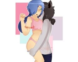 black_hair blue_hair fhs fhsz3r0 fnafhs fnafhs_z3ro fnafhsrule34 fred_(fnafhs) grey_skin pajamas usagi_(fnafhs) usagi_bon wolf_ears