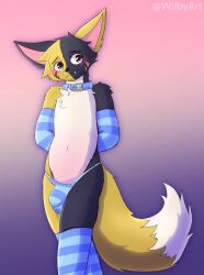 2022 anthro big_bulge big_ears biped black_body black_fur black_nose blue_clothing blue_collar blue_eyes blue_footwear blue_socks blue_thong blue_underwear blush blush_lines bulge canid canine clothed clothing collar countershade_fur countershade_torso countershading dipstick_tail domestic_cat felid feline felis footwear fox fur girly gloves handwear hi_res hybrid knee_highs knee_socks legwear male male_only mammal markings multicolored_body multicolored_fur multitoned_body multitoned_fur partially_clothed pattern_clothing pattern_footwear pattern_legwear pattern_socks simple_background smile socks solo striped_clothing striped_footwear striped_legwear striped_socks stripes tail_markings thong underwear white_body white_fur wilby wilby_(character) yellow_body yellow_fur yellow_tail