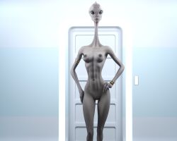 3d alien alien_girl athletic_female black_eyes breasts drinkerofskies female grey_body grey_skin hi_res humanoid jewelry kaminoan long_neck nude solo star_wars tall_female wristband