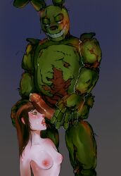 bangs big_penis breasts brown_hair commission cum cum_on_face digital_media_(artwork) duo ejaculation erection facial female female_human five_nights_at_freddy's five_nights_at_freddy's_3 green_eyes green_sclera hand_on_head human lips lipstick looking_at_partner looking_down makeup male male/female mechanical_jaws_(artist) naked nipples nude penis penis_on_face piercings pink_nipples precum saliva scottgames smile source_request springtrap springtrap_(fnaf) straight teeth uncensored william_afton