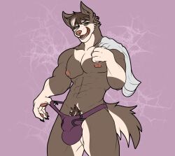 abs absurd_res anthro briefs bulge canid canine canis claws clothing domestic_dog east_siberian_laika frenhm hi_res looking_at_viewer male mammal muscular muscular_male paws pecs pubes roman_belinski short_tail smile smirk solo spitz tongue towel_on_shoulder underwear