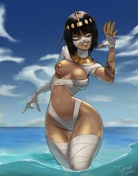 bandage beach black_hair crown cursedequinox dark_skin egyptian egyptian_mythology gold_(metal) mummy mummy_costume oc ocean original_character tattoo thighs water wet wet_skin yellow_eyes