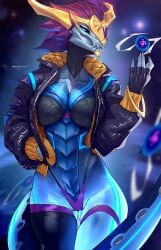 1girls 2d anthro artist_name ass_visible_through_thighs athletic_female aurelion_sol black_bra black_jacket black_neck blue_body blue_eyes blue_scales bra breasts dragon dragoness female female_only hand_in_pocket hand_on_hip headwear jacket k/da_akali_(cosplay) k/da_series league_of_legends looking_at_viewer orb panties purple_hair reptile reptile_humanoid riot_games rule_63 scales scalie scalie_female scalie_humanoid scalie_only skygracer solo solo_female stocking straps tail thunder_thighs white_nails