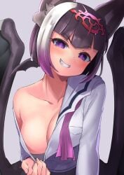 absurdres animal_ears bangs bat_ears bat_girl bat_wings black_hair breasts clothes_pull collarbone common_vampire_bat_(kemono_friends) deku_suke eyebrows_visible_through_hair female female flashing grey_background grin head_tilt highres kemono_friends long_sleeves medium_breasts multicolored_hair no_bra off_shoulder pink_neckwear pulled_by_self purple_eyes purple_hair shirt shirt_pull simple_background single_bare_shoulder smile smug solo upper_body white_hair white_shirt wings