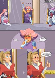 adora awkward blonde_hair blushing clothed clothing comic comic_page desperation female female_only fingerless_gloves fully_clothed futanari glimmer_(she-ra) netossa nsfani pink_hair queen_angella she-ra_and_the_princesses_of_power staring tagme thumbs_up