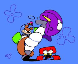 anthro ass big_butt bivalve clam female fight group kick male mammal marine mollusk nickelodeon rodent sandy_cheeks sciurid sponge spongebob_squarepants spongebob_squarepants_(character) straight_hair superiorfox surprise