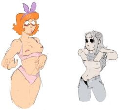 2girls black_panties black_sclera blushing breasts eddsworld ellsworld female ginger_hair glambam8 legs lifting_shirt matilda_(eddsworld) multiple_girls pierced_ears pierced_eyebrow pierced_nipples pink_bra pink_lingerie pink_panties rule_63 tamara_(eddsworld) undressing unzipped_pants