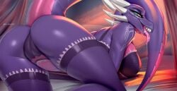 2d activision anthro artist_name ass athletic_female bed body_markings breasts cynder dat_ass dragon dragoness drooling female female_only green_eyes horn horns licking licking_tail lingerie looking_at_viewer looking_back lying lying_on_bed lying_on_stomach magenta_scales open_mouth purple_body purple_scales reptile reptile_humanoid saliva saliva_trail scales scalie scalie_female scalie_humanoid scalie_only skygracer solo solo_female spike spikes spyro_the_dragon stockings tagme tail tail_up tongue tongue_out white_blanket