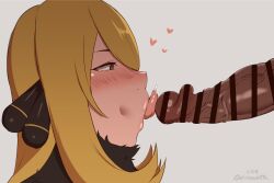 1boy 1girls animated big_penis blonde_hair blowjob blush censor_bar censored cynthia_(pokemon) dark-skinned_male fellatio hair_ornament heart highres human licking licking_penis long_hair nintendo oral pokemon pokemon_dppt saliva shirasulatte sucking veiny_penis