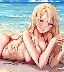 1girls 2022 anime_style ass beach beauty_mark bikini blonde_hair breasts female female_only foxy_rain_(foxyreine) foxyrain_(foxyreine) foxyreine hi_res hips huge_breasts large_ass light_blush long_hair looking_at_viewer lying_on_stomach mole_under_eye original original_character outdoors purple_eyes slim_waist smile the_pose thick_thighs thighs wide_hips