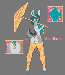 alicethedeer bent_over blue_body blue_fur breasts cervid circles clothing female fur grey_body grey_fur hi_res holding_object legwear mammal mavy_(alicethedeer) panties solo stockings umbrella underwear yellow_clothing