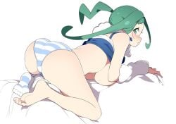 1girls 2022 alternate_breast_size ass asymmetrical_hair barefoot bending_over bent_over blush breasts bubble_butt feet female female_only foot_fetish green_eyes green_hair huge_breasts kneeling large_ass lisia_(pokemon) long_hair looking_at_viewer looking_back looking_over_shoulder nintendo panties pokemon pokemon_oras simple_background sock striped_panties top_lift tottotonero white_background