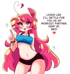 :3 belly blue_bra blush cross cute gym_uniform heart lee_(secretnarcissist) midriff pink_eyes pink_hair secretnarcissist short_shorts shorts small_breasts smug_face sweating text thick_thighs thighs