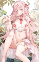 1girls barefoot bird blush breasts elf female flower hair_ornament highres large_breasts long_hair looking_at_viewer nature navel original pink_eyes pink_hair pointy_ears revealing_clothes sitting smile solo sora_72-iro water