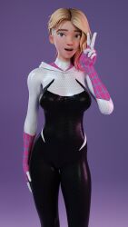 1girls 3d blender blonde_hair bodysuit breasts costume female female_only fortnite ghost-spider gwen_stacy gwen_stacy_(spider-verse) looking_at_viewer marvel marvel_cinematic_universe marvel_comics mocharoos peace_sign purple_background solo spider-gwen spider-gwen_(fortnite) spider-man_(series) x_redeyes