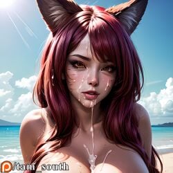 1girls after_sex ahri ai_eyes ai_failure ai_generated bukkake cum cum_on_breasts cumshot fox_ears foxfire_ahri large_breasts league_of_legends light-skinned_female nude presenting red_hair riot_games solo submissive tam_south