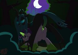 2018 2d anal anal_sex animated anus arthropod big_belly black_body changeling crown duo equid equine feral feral_on_feral friendship_is_magic genitals gif glowing glowing_eyes glowing_horn hasbro hi_res horn mammal my_little_pony night penetration pink_body plant pussy queen_chrysalis_(mlp) short_playtime signature starlight_glimmer starlight_glimmer_(mlp) stuck syscod tree unicorn vaginal_penetration