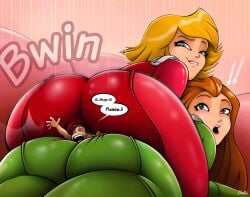 ass_on_face big_ass bodysuit clover_(totally_spies) facesitting female giantess male mousticus sam_(totally_spies) size_difference tiny_male totally_spies