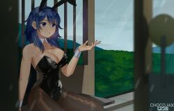 1girls alternate_costume animal_ears artist_name bare_shoulders black_leotard blue_eyes blue_hair blue_nails blurry blurry_foreground breasts brown_legwear bunny_ears bunny_girl bunnysuit byleth_(fire_emblem) byleth_(fire_emblem)_(female) chocojax cleavage cloud cloudy_sky collarbone covered_navel dappled_sunlight detached_collar disinterested emotionless expressionless eyebrows_visible_through_hair fake_animal_ears female fire_emblem fire_emblem:_three_houses highleg highleg_leotard highres indifferent large_breasts leotard medium_hair nintendo outdoors pantyhose patreon_logo playboy_bunny rabbit_ears raining sideboob sitting sky solo strapless strapless_leotard sunlight wet wet_hair wrist_cuffs