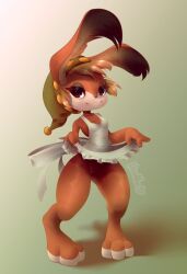 3_toes anthro blonde_hair bottomless brown_eyes dress_lift female fur furry furry_only hat headwear hissmiss myris no_panties odin_sphere partially_clothed pussy rabbit solo topwear