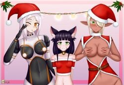 android ara_(monster_girl_island) black_hair cat_ears cat_girl christmas_outfit elf_ears elf_female faranne_(monster_girl_island) green_eyes holding_breast looking_at_viewer monster_girl monster_girl_island ophelia_(monster_girl_island) pointy_ears robot_girl