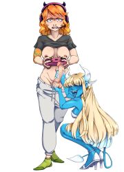 1futa 1girls balls bangs blonde_hair blue_skin breasts clothed clothing color colored demons_rise_up duo female fruitymoon fully_clothed futa_on_female futanari handjob human humanoid light-skinned_futanari light_skin long_hair pale_skin partially_clothed penis pointy_ears squatting standing tagme unknown_character