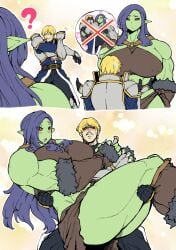 1boy 1boy1girl 1girls 2018 ? abs amano_jack armor big_breasts blonde_hair blue_eyes blue_hair breasts carrying carrying_partner comic curvaceous curvy cute female female_ork_(amano_jack) green_body green_skin huge_breasts human_male kyabosean2 large_breasts larger_female light-skinned_male light_skin long_hair male man_knight_(amano_jack) mature_female muscular muscular_arms muscular_female nipple_bulge orc orc_female pointy_ears red_eyes romantic short_hair size_difference smaller_male struggling thick_thighs thighs voluptuous wholesome