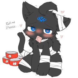 1boy 1femboy anthro bandage bandages black_fur blue_eyes blush cans cat_boy catboy changed_fan_artist condom condom_in_mouth d'arktanyan_(the_battle_cats) english english_text femboy furry furry_male furry_only heart heart-shaped_pupils male male_only request sex_request text the_battle_cats trap tuna tuna_cans zoophilia