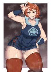 1girls arezu_(pokemon) armpits breasts eye_contact fair_skin female female_focus female_only fundoshi huge_thighs light-skinned_female light_skin looking_at_viewer nintendo oryuto pokemon pokemon_legends:_arceus red_eyes red_hair solo solo_female solo_focus sweat thick_thighs thighhighs thighs voluptuous wide_hips