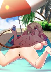 absurdres ass bar_censor beach beach_towel beach_umbrella blonde_hair blue_eyes blush bombergirl breasts censored completely_nude earrings fuse_tail gradient_hair hair_over_one_eye highres hinasera_aya jewelry large_breasts lens_flare lips looking_back lotion lying multicolored_hair nude olive_(bombergirl) on_stomach pussy shade sideboob smile spread_legs sunscreen topless towel twintails umbrella