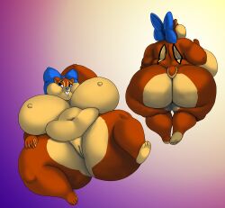 accessory anthro apricot_(kingfurryjion) ass back_boob big_belly big_breasts big_butt breasts brown_body brown_fur buckteeth chipmunk curvy_figure female female_only fur genitals gradient_background ground_squirrel hair_accessory hair_ribbon hairbow hi_res huge_breasts huge_butt mammal nipples nude obese obese_female overweight overweight_female pussy rear_view ribbons rodent sciurid shortstack simple_background solo solo_female teeth thick_thighs vdisco voluptuous wide_hips