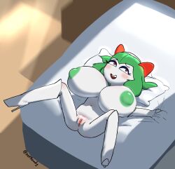 1girls anthro areolae bed big_breasts blue_eyeshadow boots female_only game_freak grabbing_sheets heel_boots huge_breasts indoors kirlia kirly_(oofrowdy) nintendo oofrowdy pokemon pokemon_(species) red_eyes shortstack solo solo_female vagina