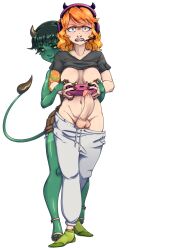 1futa 1girls angry black_sclera color colored demon demon_girl demons_rise_up duo female from_behind fruitymoon futa_on_female futanari gaming green_skin orange_hair pointy_ears tagme unknown_character