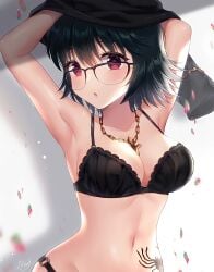 1girls artist_request big_breasts black_hair breasts female female_only glasses human hunter_x_hunter large_breasts pale-skinned_female pale_skin phantom_troupe shizuku_murasaki short_hair shounen_jump solo source_request spider_tattoo tagme tattoo underwear villainess wide_hips