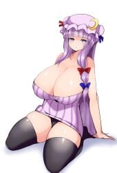 1girls adapted_costume bangs black_legwear black_panties blunt_bangs bow breasts cleavage commentary_request crescent dress female full_body gigantic_breasts hat highres long_hair looking_at_viewer mob_cap no_nose panties parted_lips patchouli_knowledge plump purple_eyes purple_hair simple_background sitting solo taku_(yakumodaisuki) takukuroneko thick_thighs thighhighs thighs touhou underwear white_background