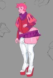 adventure_time bulge cartoon_network crossdressing femboy high_heels humanoid large_ass panties panties_bulge pink_hair pink_skin prince_gumball short_hair skirt thighhighs wide_hips