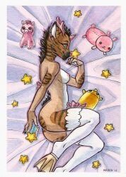 anthro bed blue_eyes brown_body brown_fur canid canine canis clothed clothing female fur furniture mammal mrrrn multicolored_body multicolored_fur nipples on_bed partially_clothed smile solo white_body white_fur wolf