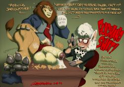 anthro balls behaviour bodily_fluids bovid caprine clothing coffee_mug dawn_bellwether disney duo feet felid female foot_focus genital_fluids genitals glasses hi_res hindpaw leodore_lionheart lion male male/female male_focus mammal musk musk_clouds pantherine paws penis precum profanity sexual_harassment sheep sweat thebigmansini thong underwear undressed unprofessional_behavior vulgar zootopia zootropolis